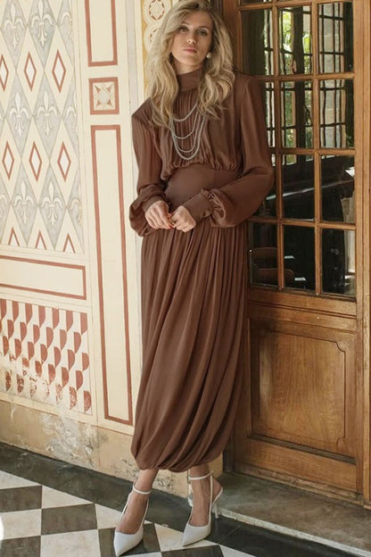 Mock Neck Pleated Bishop Sleeve Balloon Hem Maxi Dress