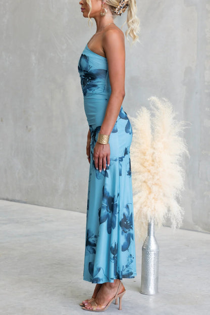 Floral Print Elegant Mesh Off-shoulder Fitted Maxi Dress