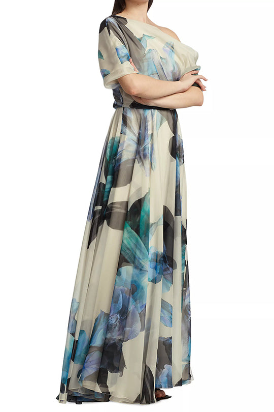 Floral Print One Shoulder Draped Sleeve Belted Pleated Maxi Dress