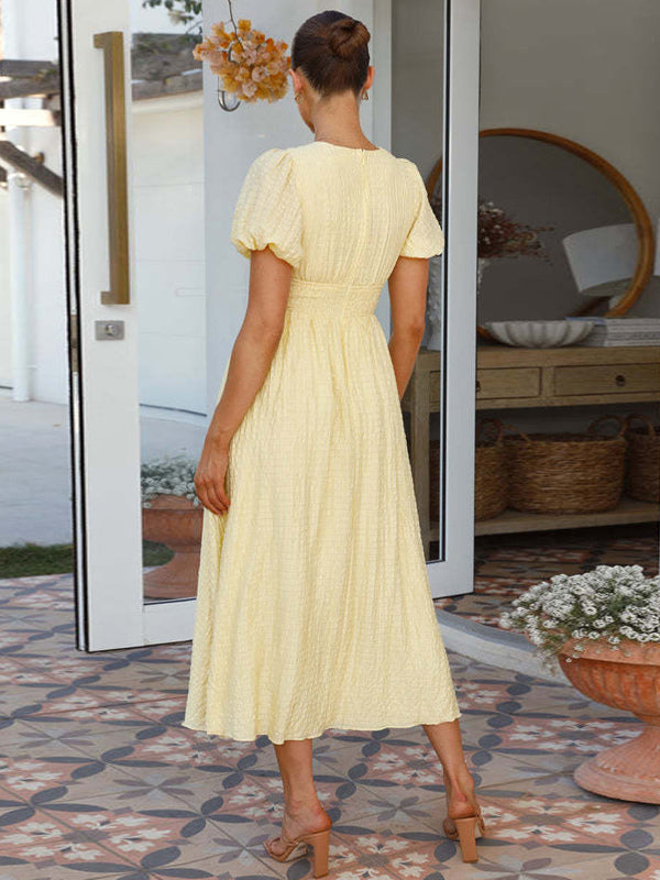 Butter Yellow Sundress Plunge Puff Sleeves Casual Summer Maxi Dress 2026