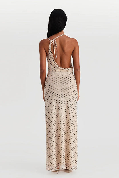 Polka Dot Cowl Neck Spaghetti Strap Open Back Column Maxi Dress