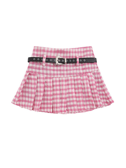 Plaid Pleated With Star Belt Mini Skirts