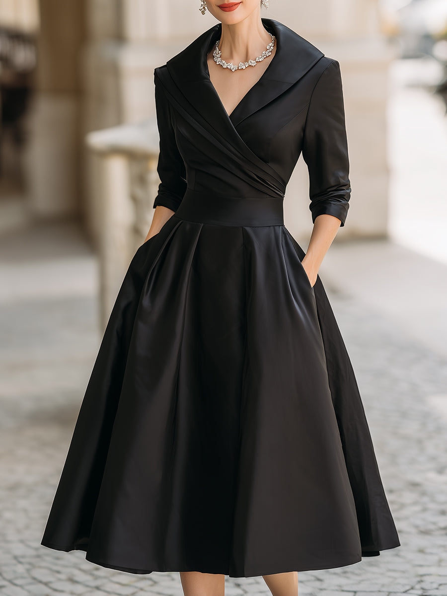 Women's Satin V-Neck Midi Dress – Long Sleeve Elegant Collared Dress