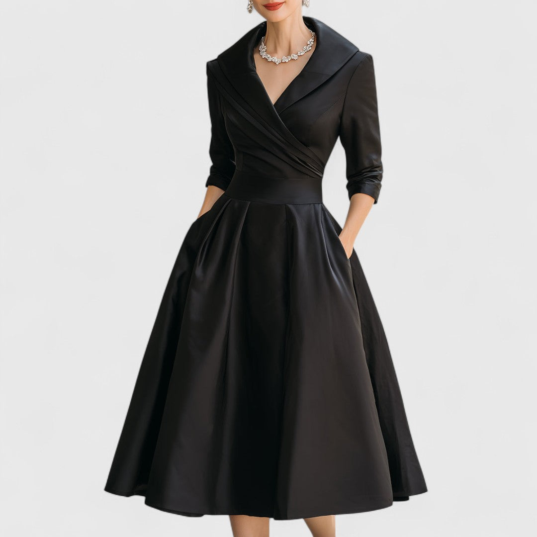 Shawl Collar Wrap Bodice Three Quarter Sleeve Pleated Pocket Midi Dress