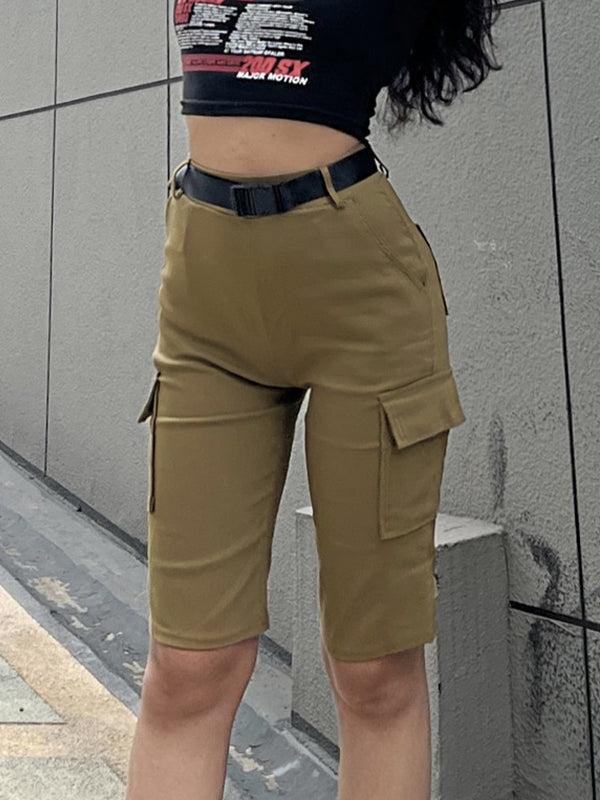 Multi Pocket With Buckle Belt Shorts