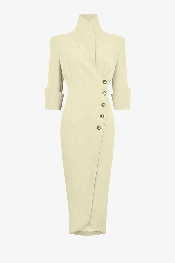 Elegant Look Linen Blend Stand Lapel Neck Half Sleeve Side Button Midi Dress