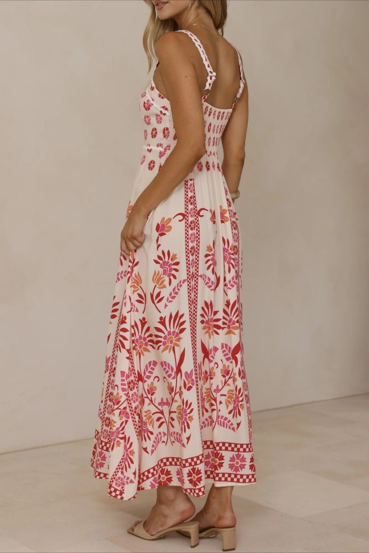 Scalloped Trim Square Neck Panel Print Border Hem Maxi Dress