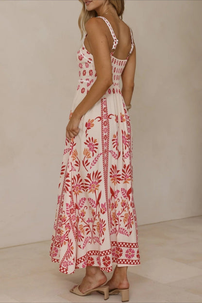 Scalloped Trim Square Neck Panel Print Border Hem Maxi Dress