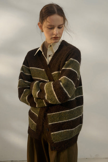 Oversized Stripe Color Block V Neck Knit Cardigan