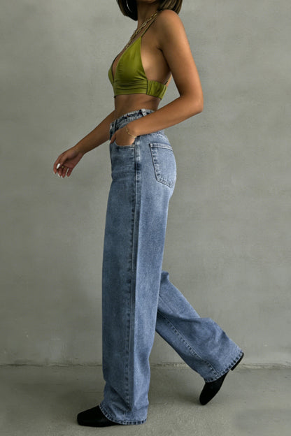 Stylish High-waisted Pocket Casual Stretch Straight Leg Jeans