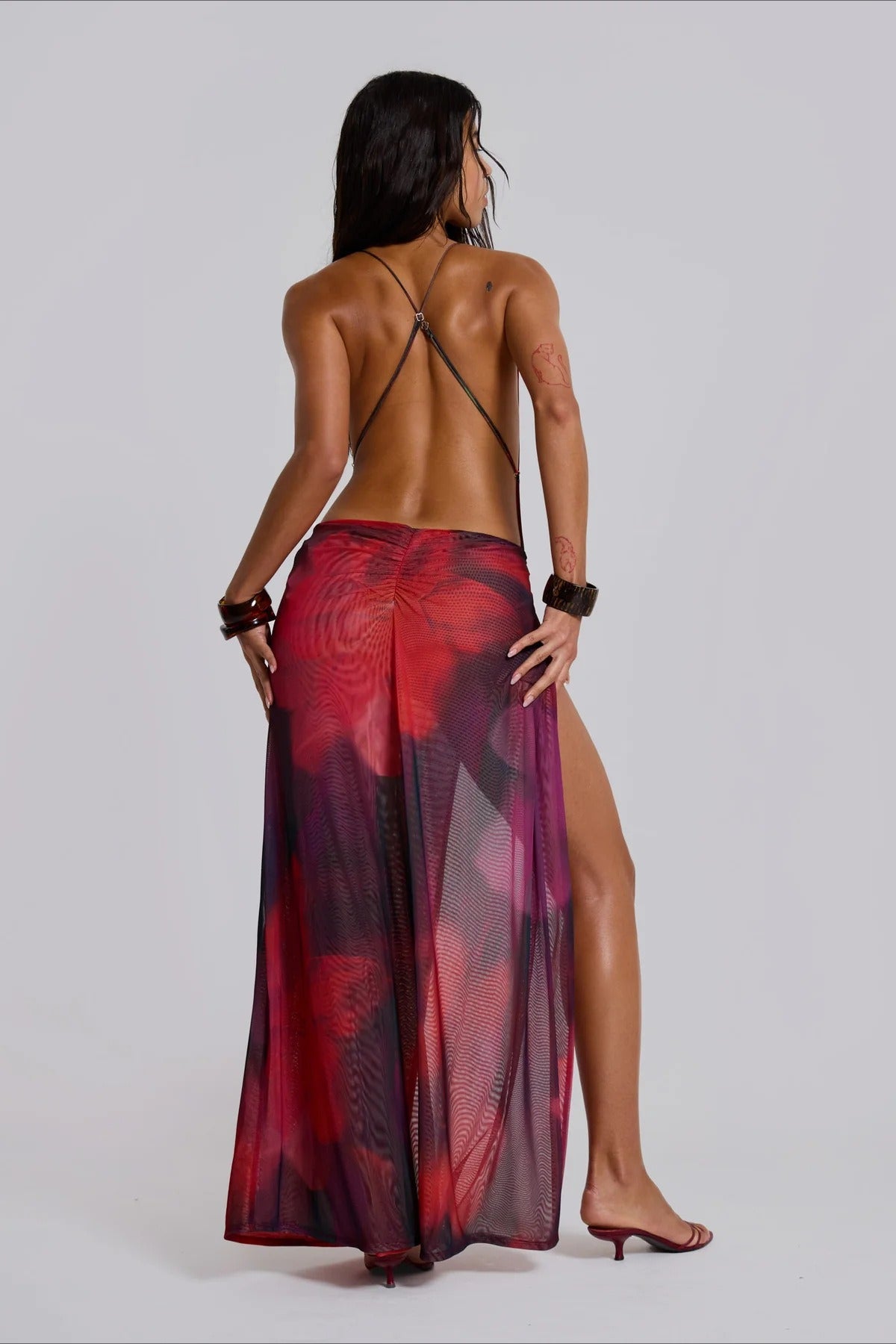 Abstract Print Mesh Cowl Neck Halter Ring Detail High Split Maxi Dress