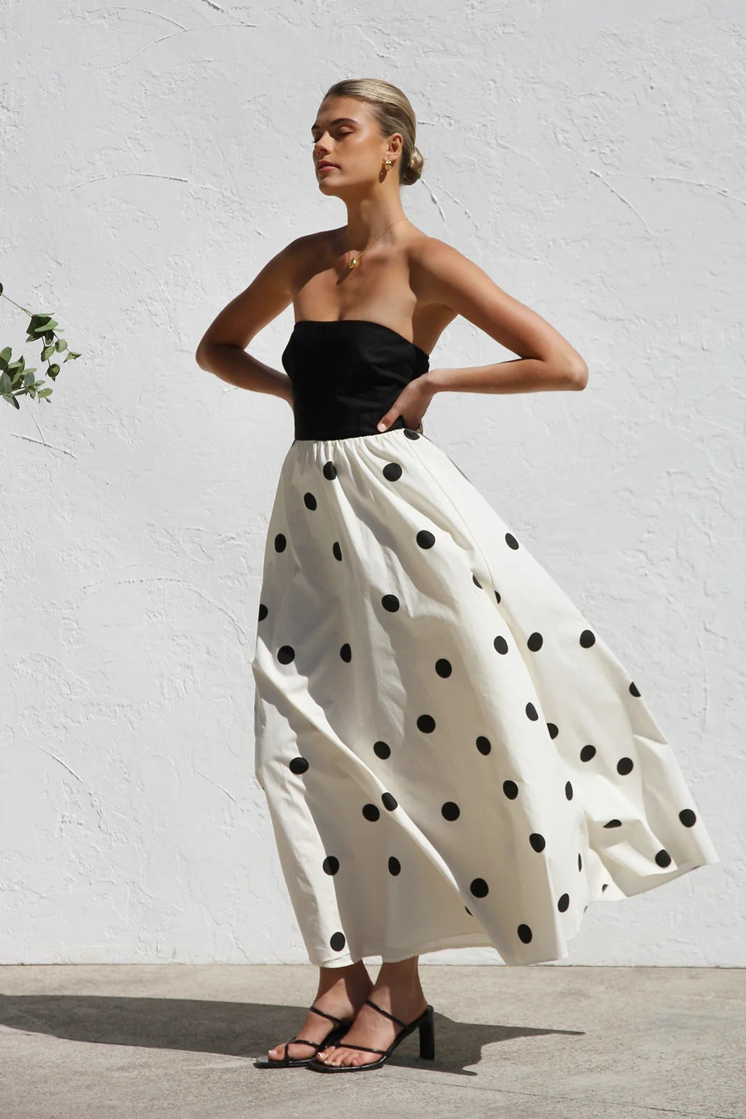 Polka Dot Strapless Bandeau Bodice Gathered Full Skirt A-Line Maxi Dress