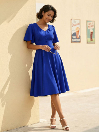 V Neck Ruched Front Button Decor Flutter Sleeve Retro Swing Dress For Women 2026