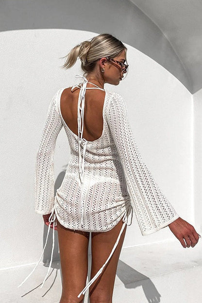 Crochet Open-Knit Bell Sleeve Drawstring Side Mini Dress