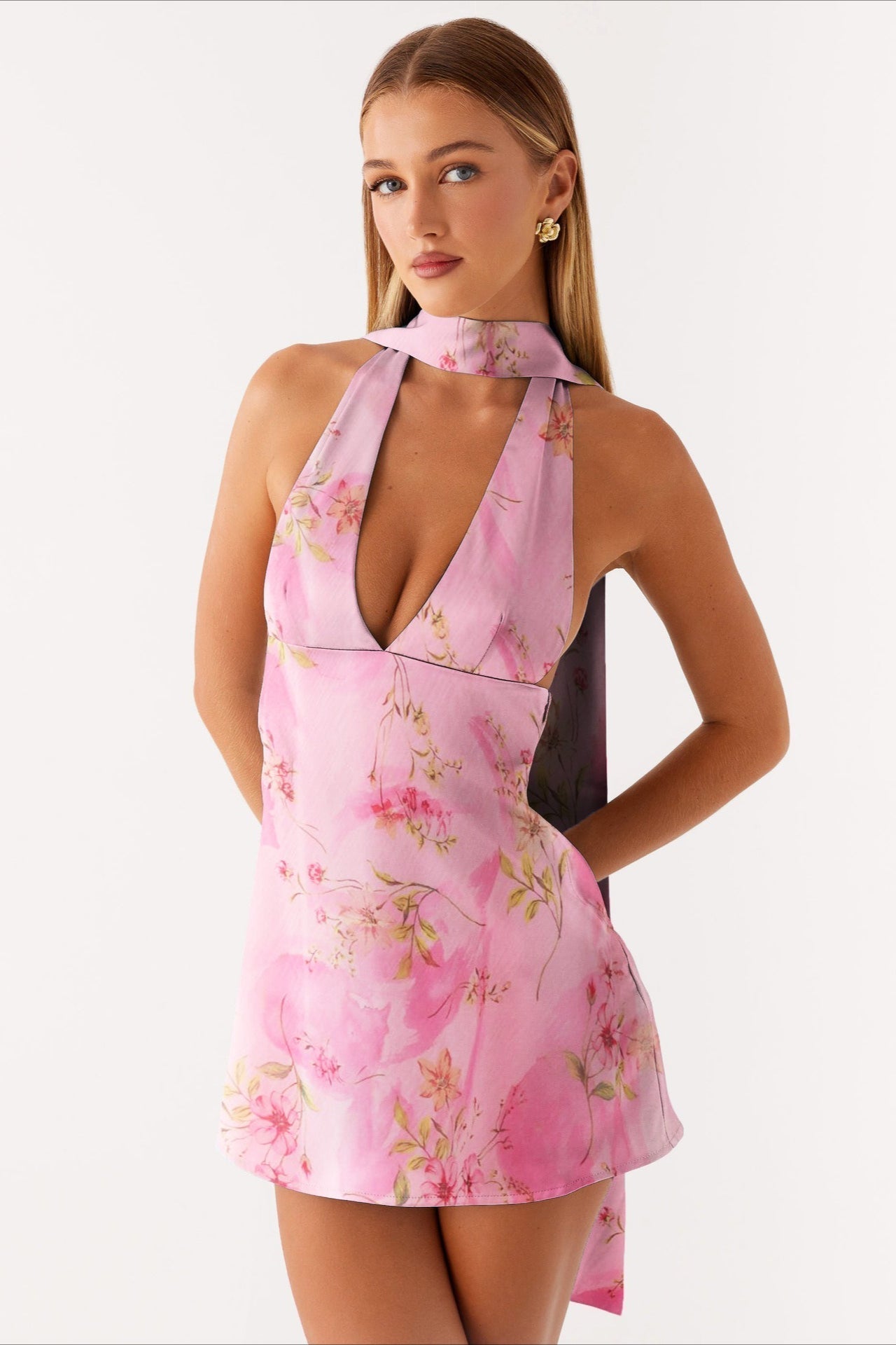 Watercolor Floral Print Halter Scarf-Neck Cutout Mini Dress