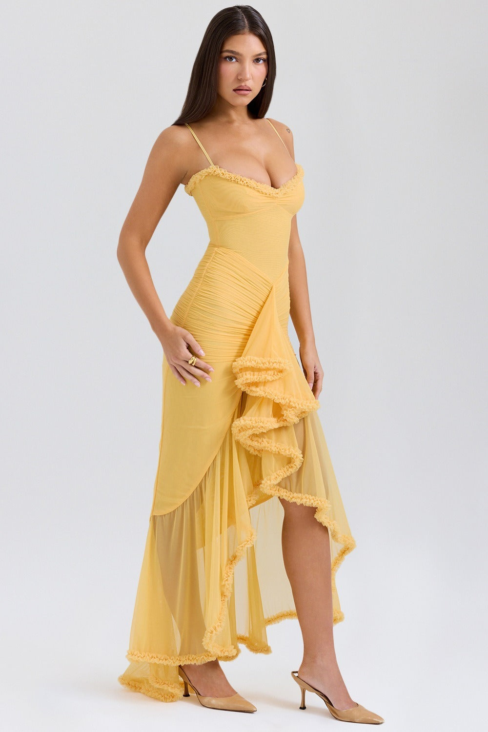 Sweetheart Spaghetti Strap Ruched Mesh Ruffle Trim Wrap High Slit Maxi Dress