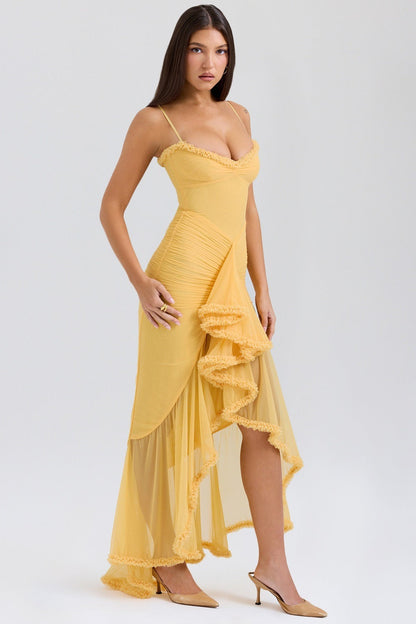 Sweetheart Spaghetti Strap Ruched Mesh Ruffle Trim Wrap High Slit Maxi Dress