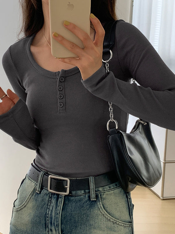 Solid Color Rib High Elastic Breasted Long Sleeve Knit
