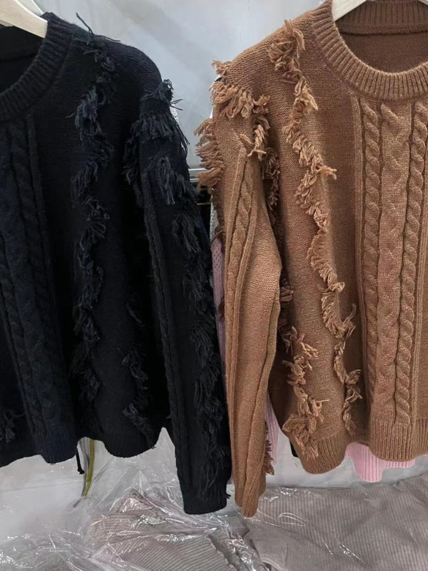 Solid Tassel Cable Knit Sweater