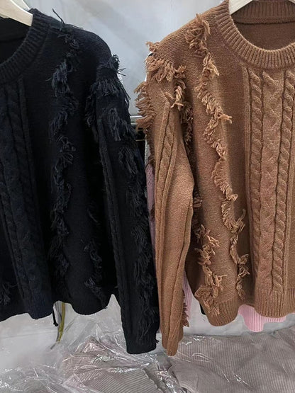 Solid Tassel Cable Knit Sweater