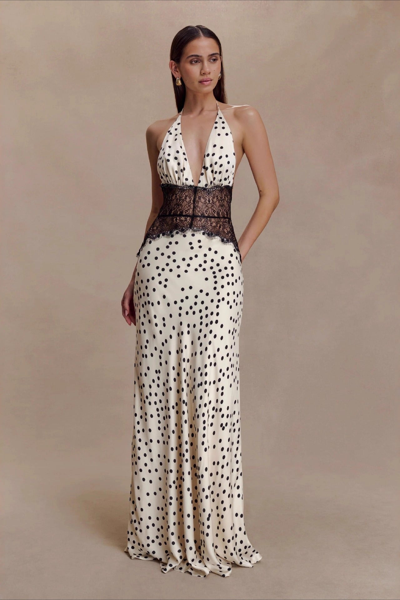 | Polka Dot Lace Patchwork Deep V Backless Maxi Dress