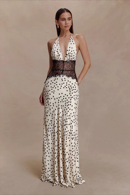 | Polka Dot Lace Patchwork Deep V Backless Maxi Dress
