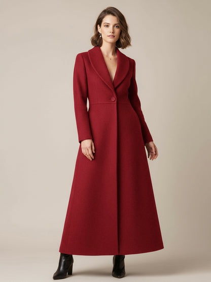 Shawl Collar Full-Length Woolen Coat With A-Line And V-Neck For Women 2026