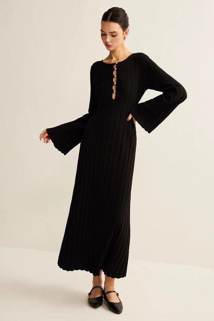 Crew Neck Button Front Keyhole Rib Knit Bell Sleeve Maxi Sweater Dress