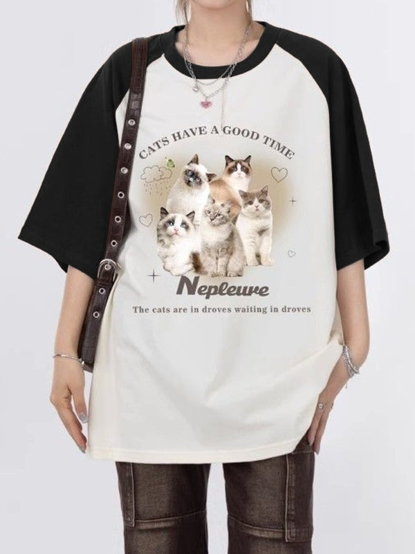 Vintage Cat Print Raglan Oversized Short Sleeve Tee