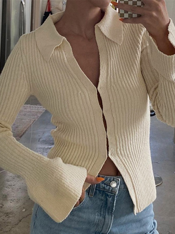 Solid Color Ribbed Flare Design Long Sleeve Shirt
