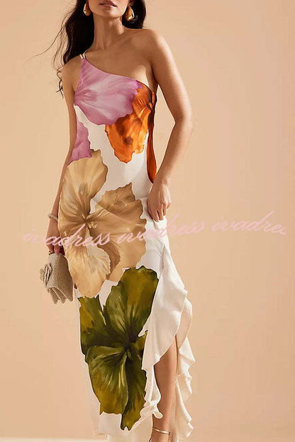 Love Filled Floral Print One Shoulder Side Ruffles Maxi Slip Dress
