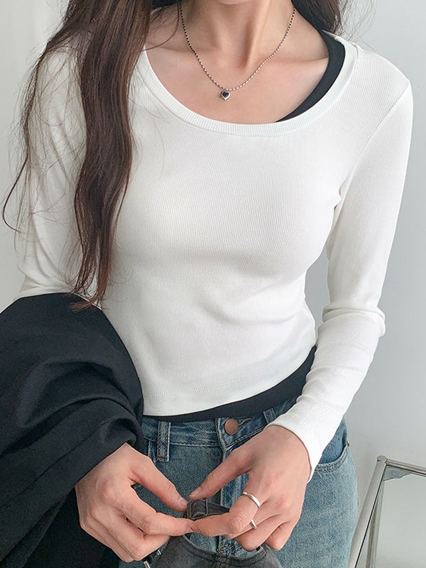 Contrast Color Fake Two Piece Long Sleeve Knit