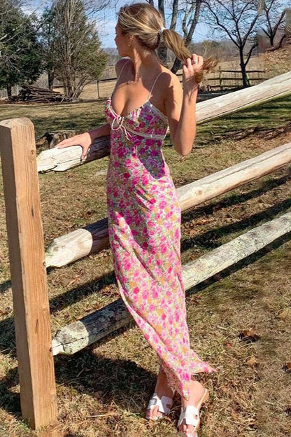 Spaghetti Strap Lace Trim Bow Tie Front Ditsy Floral Print Slip Maxi Dress