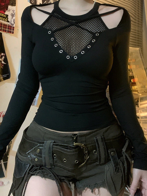 Grid Cross Stitching Long Sleeve Tee