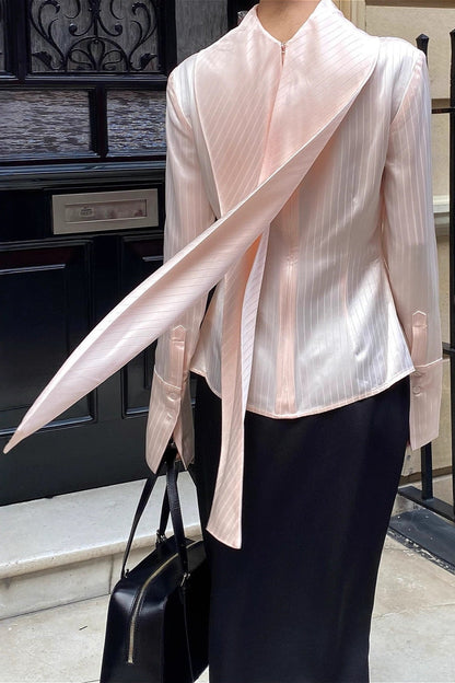 Striped Satin Turtleneck Tie Waist Slim Blouse