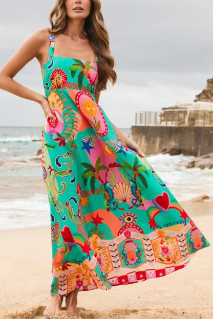 Unique Print Square Neck Spaghetti Strap Back Pleated Casual Maxi Dress
