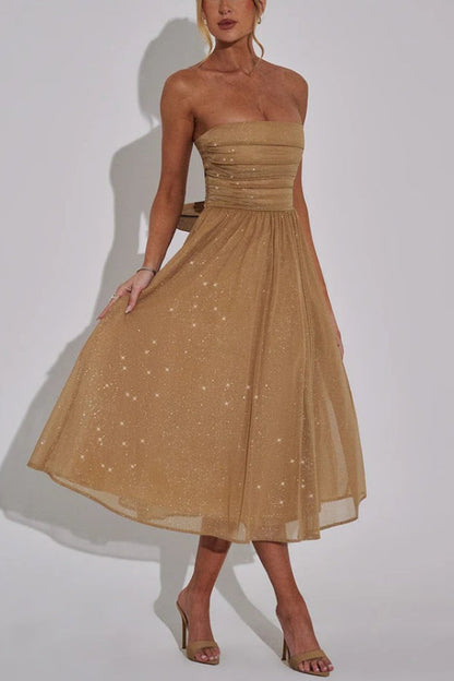 Glitter Mesh Strapless Ruched Fit-and-Flare Pocket Midi Dress