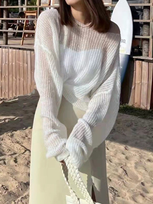 See Through Solid Loose Short Long Sleeve Knit