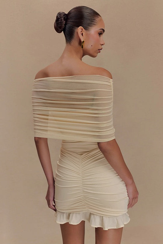 Off Shoulder Ruched Mesh Overlay Bodycon Mini Dress