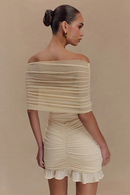 Off Shoulder Ruched Mesh Overlay Bodycon Mini Dress