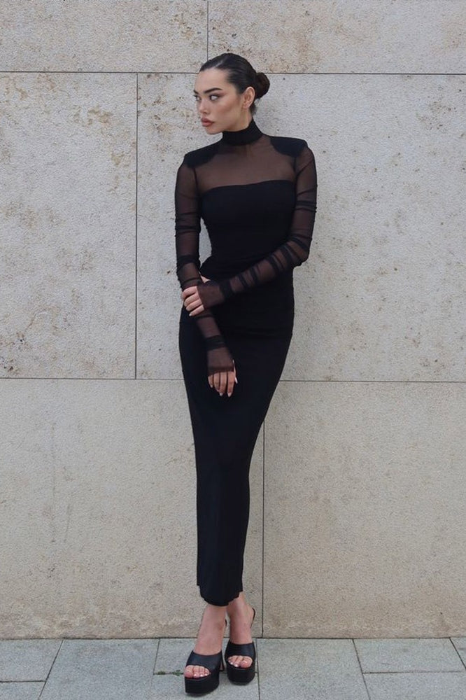 Mock Neck Mesh Panel Power Shoulder Ruched Bodycon Midi Dress