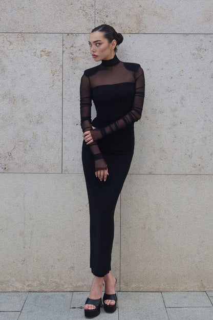 Mock Neck Mesh Panel Power Shoulder Ruched Bodycon Midi Dress