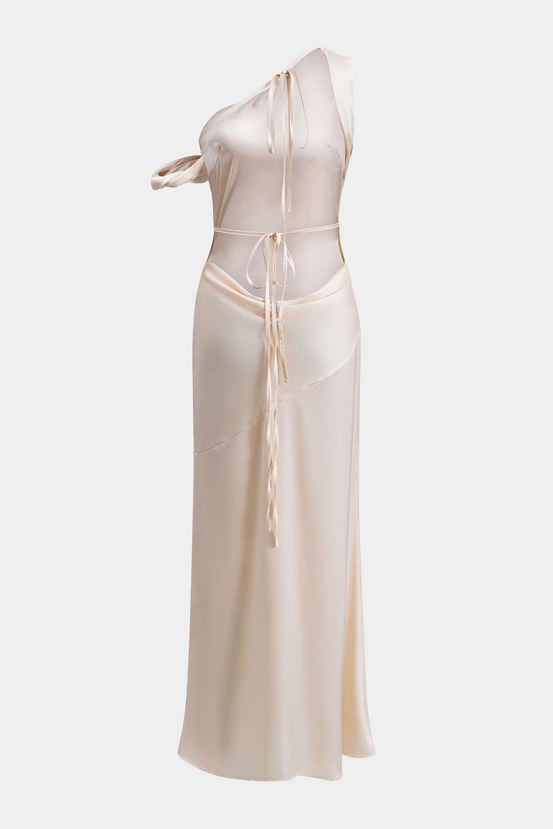One Shoulder Ruffle Cap Sleeve Diagonal Seam Satin Column Maxi Dress