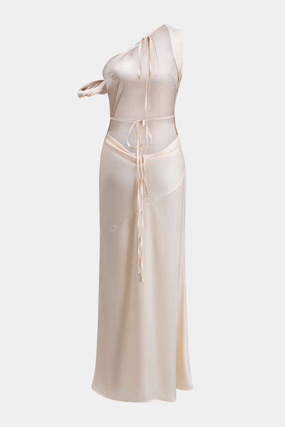 One Shoulder Ruffle Cap Sleeve Diagonal Seam Satin Column Maxi Dress