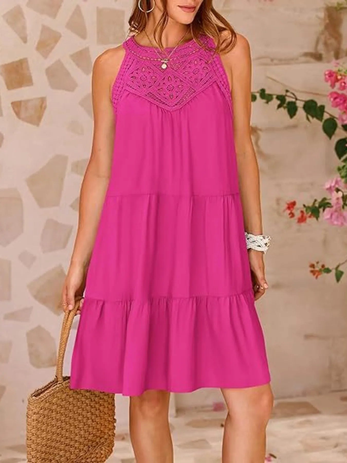 Crochet Lace Halter Neck Tiered Ruffle Mini Dress