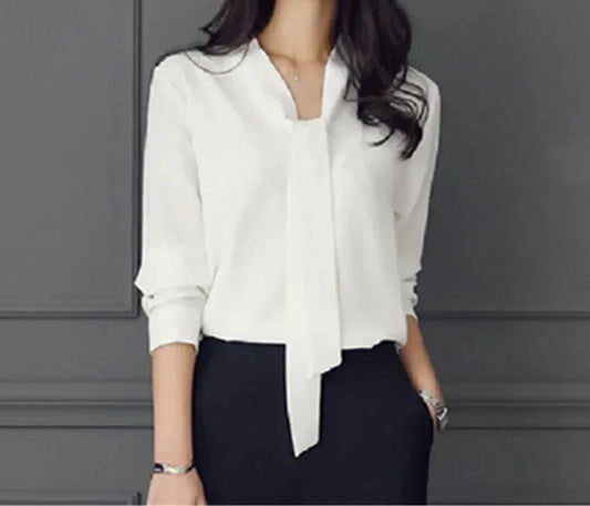 Casual Long Sleeve Bow Tie Fashion V-neck Chiffon Blouse