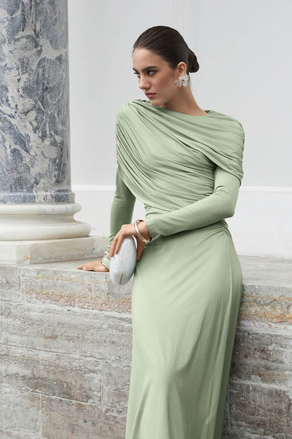 Asymmetric Draped Twist Neck Long Sleeve Side Ruched Bodycon Maxi Dress