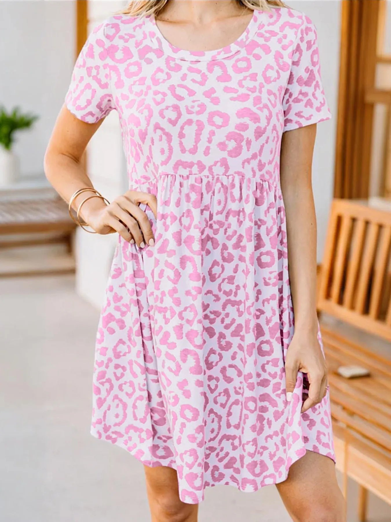 Print Short Sleeve Empire Waist Babydoll Mini Dress