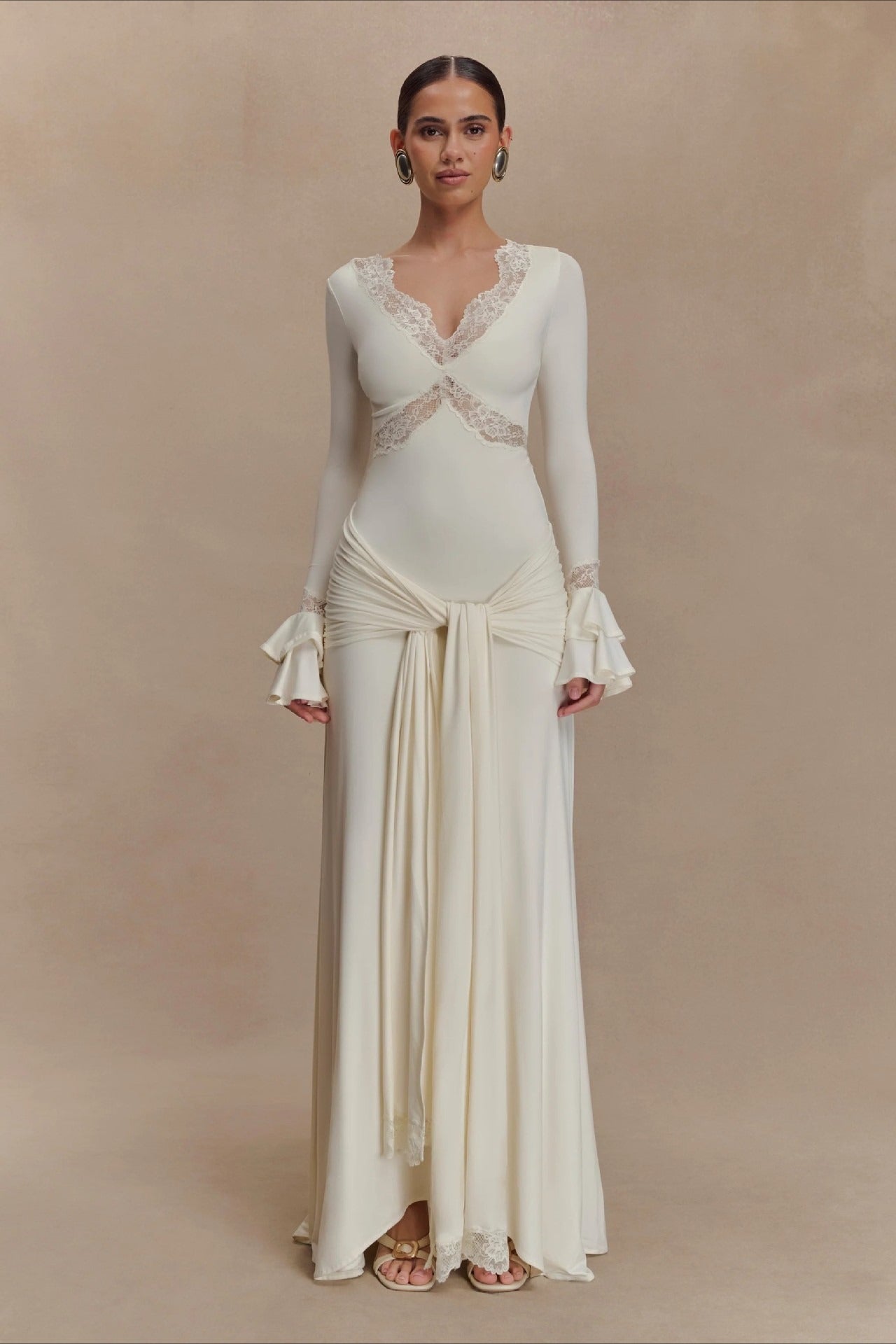 | Lace Bodycon Flare Sleeve Maxi Dress