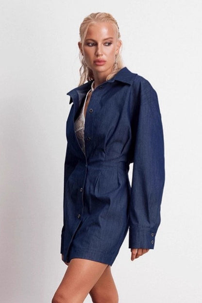 Collared Button Front Long Sleeve Cinched Waist Denim Mini Shirt Dress